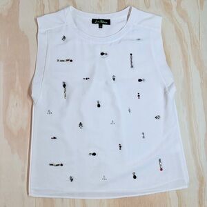Sam Edelman Embellished Sleeveless Top White Sheer Beaded Blouse Size Large